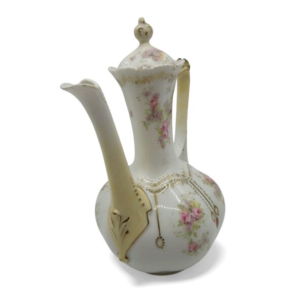 Antique RS PRUSSIA Porcelain Chocolate Pot Pink Floral & Gold Trim 8.6" - Picture 3 of 14